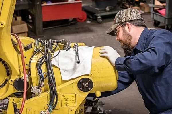 Technician performing preventative maintenance on a Fanuc robot arm